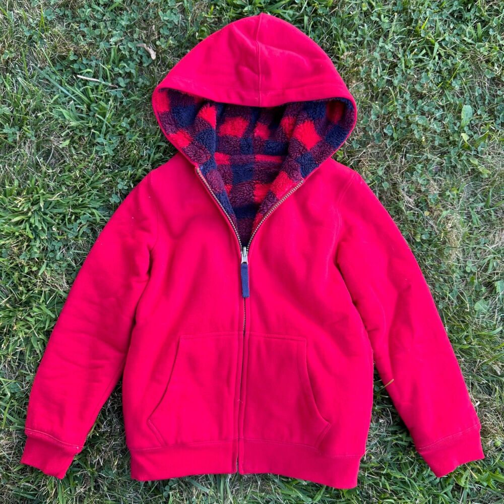Lands End Kids M 8 Reversible Sherpa Fleece Hoodie Red Black Buffalo Check Zip